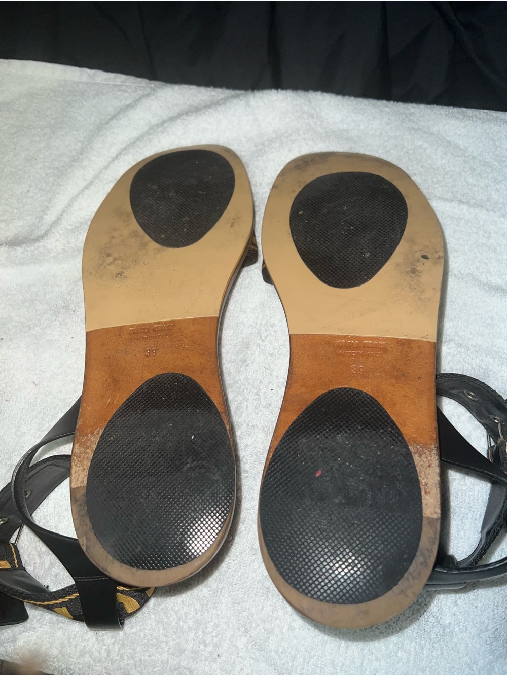 Miu Miu Black and Gold Logo Strap Tan Leather Sandals - Picture 6 of 7